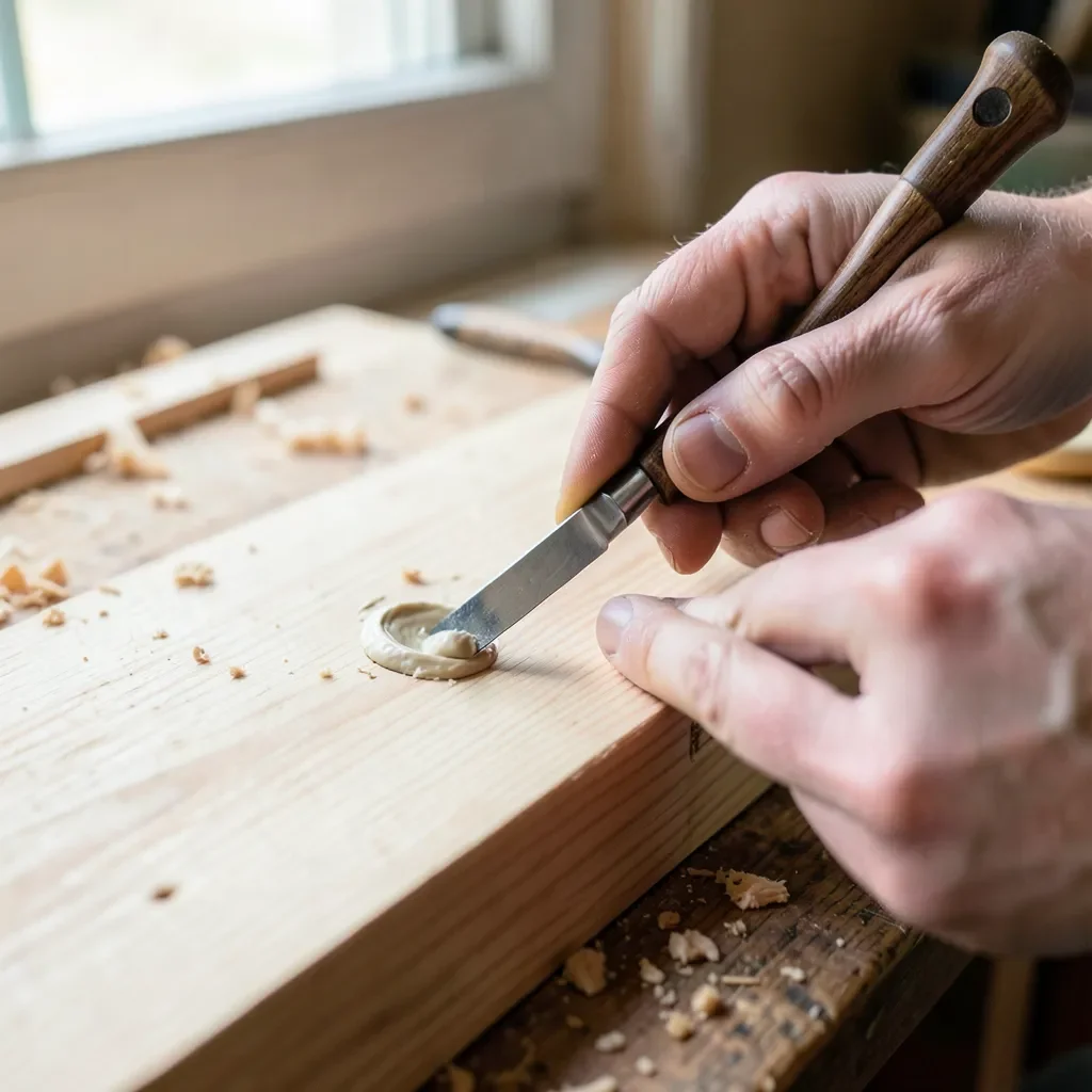 Applying wood putty to a wood surface with a putty knife