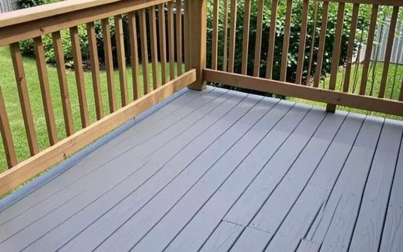 Finished backyard deck with gray-painted plywood decking and wood railing