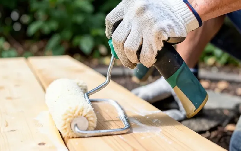 Applying waterproof sealant with a paint roller onto plywood decking boards