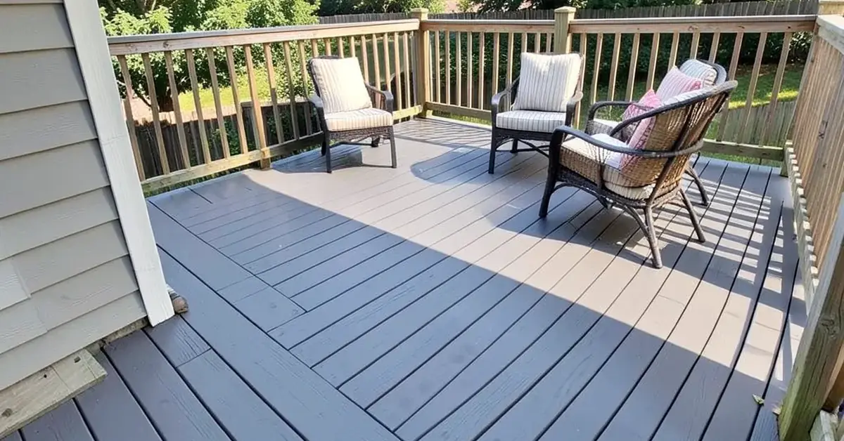 Backyard deck with gray-painted plywood decking, railing, and outdoor furniture