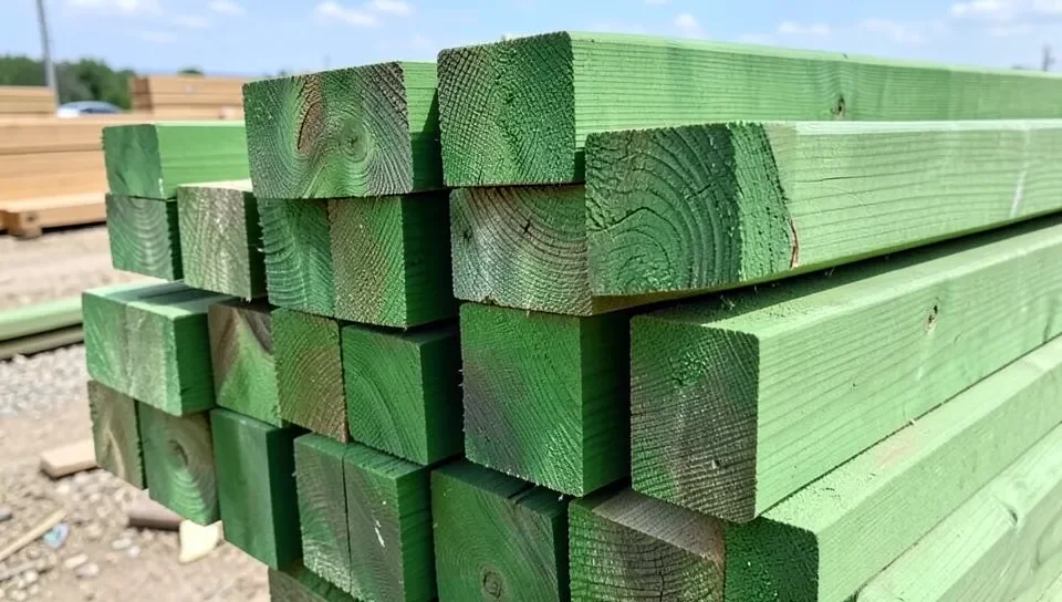 Stack of pressure-treated 4x4 posts showing the squared end grain at a lumber yard