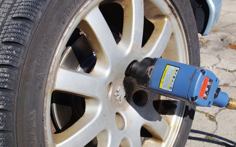 blue pneumatic impact wrench connected to an air hose at a wheel hub