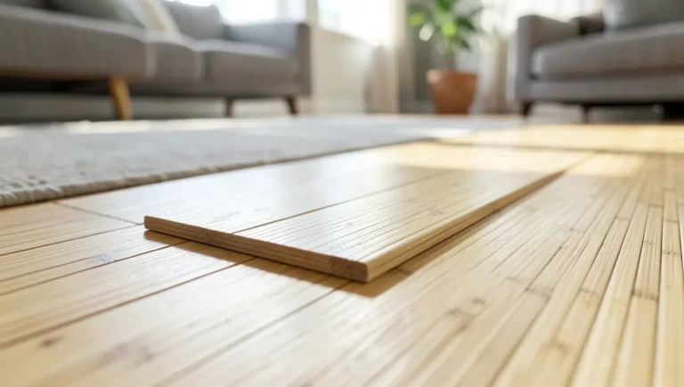 Strand-woven bamboo flooring planks in a sunlit living room