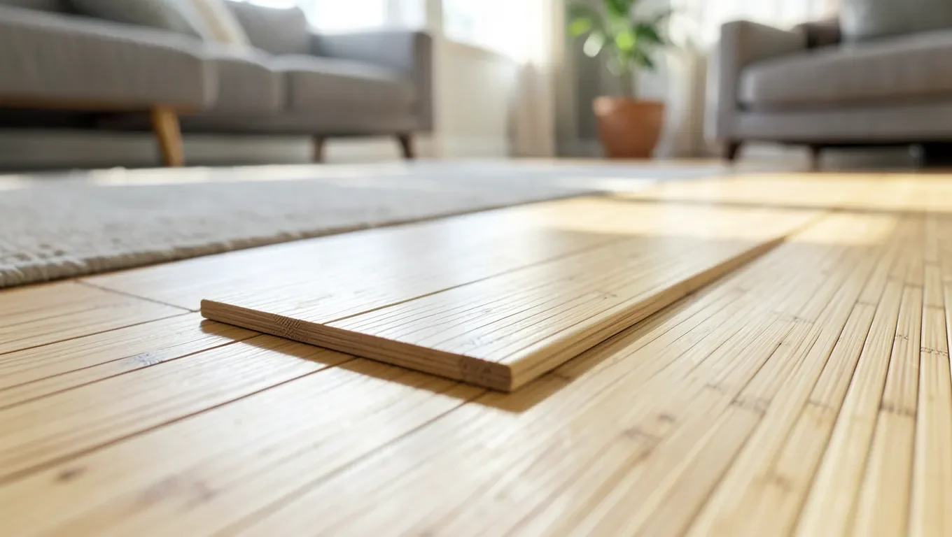 Strand-woven bamboo flooring planks in a sunlit living room