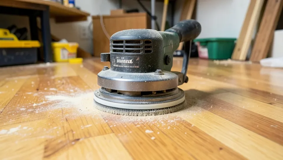 Orbital floor sander refinishing a bamboo hardwood floor