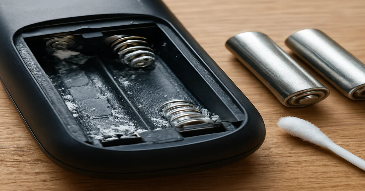 Open remote battery compartment showing white alkaline battery corrosion on contacts, with cotton swab for cleaning