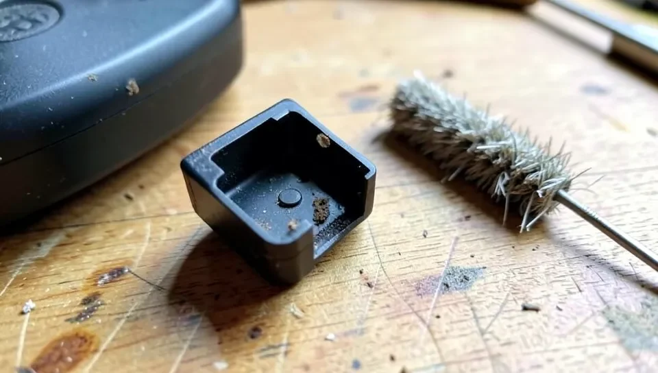 Small battery tray bracket after cleaning, with wire brush used to remove rust