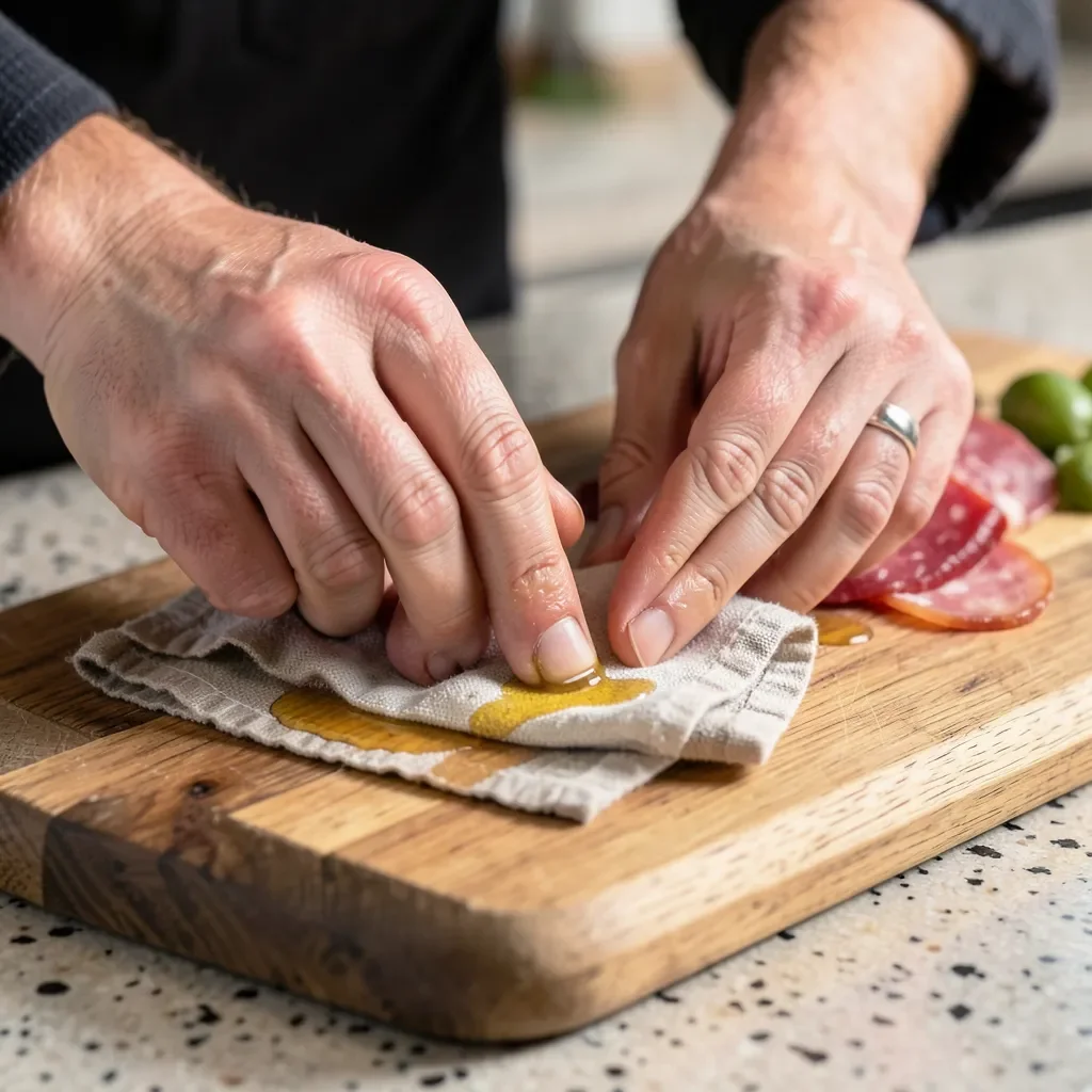 Hands applying food-safe oil finish to a wooden charcuterie board