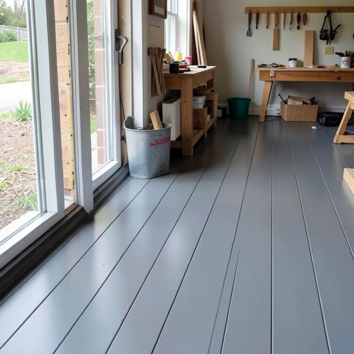 Wood floor freshly painted in gray satin porch and floor enamel Wood floor freshly painted in gray satin porch and floor enamel