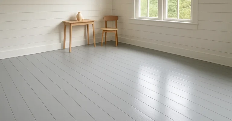 Wood floor freshly painted in gray satin porch and floor enamel