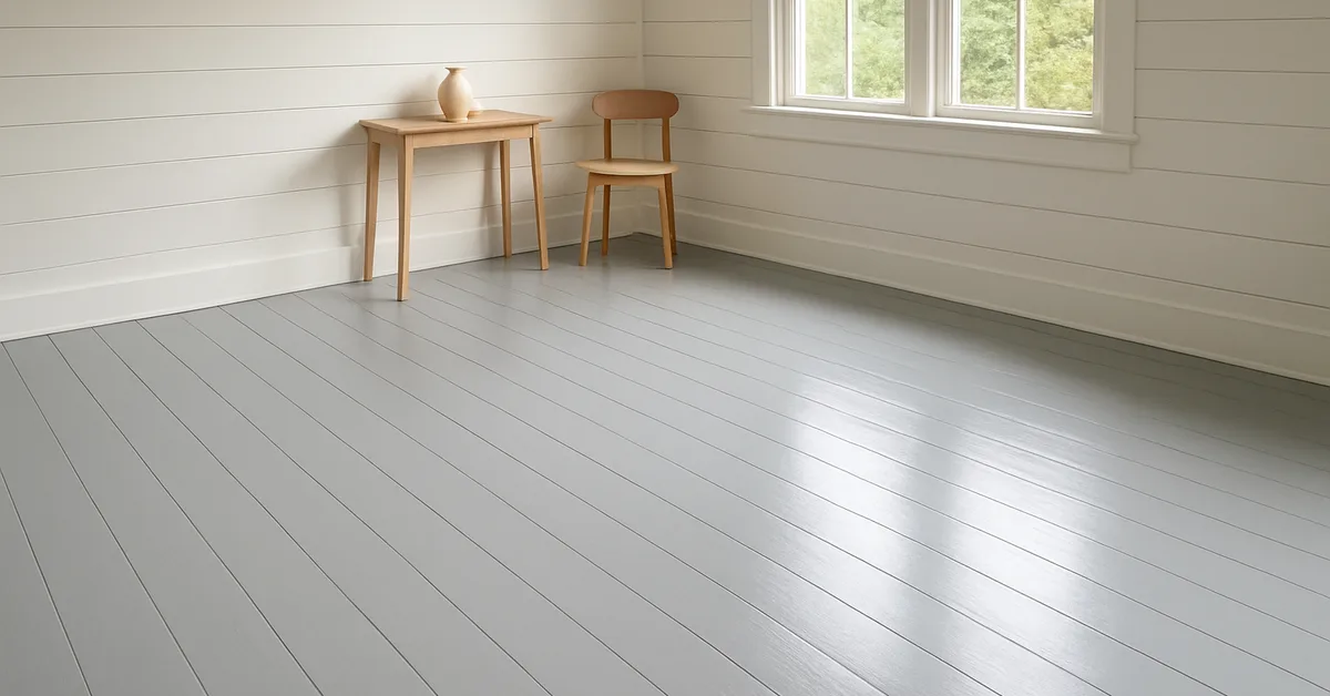 Wood floor freshly painted in gray satin porch and floor enamel Wood floor freshly painted in gray satin porch and floor enamel