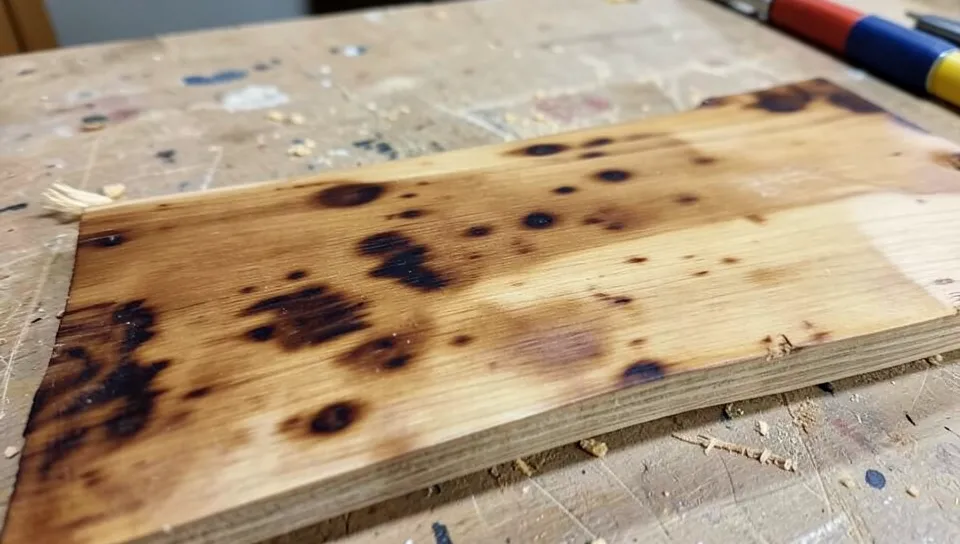 Close-up of a pine board with blotchy, uneven wood stain from skipping a wood conditioner