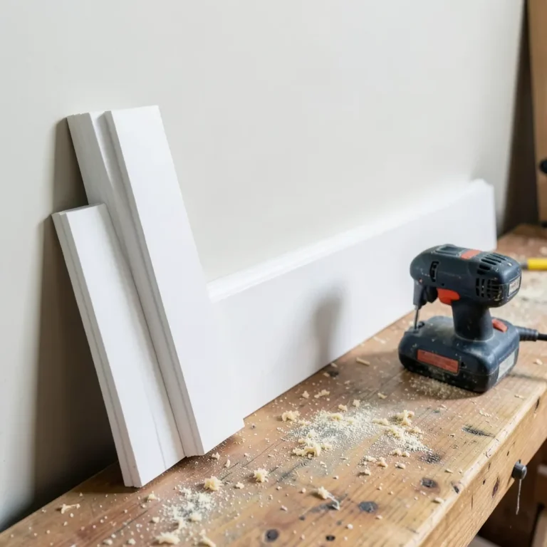 Brad nail size for baseboard - white baseboard trim and a brad nailer in a workshop
