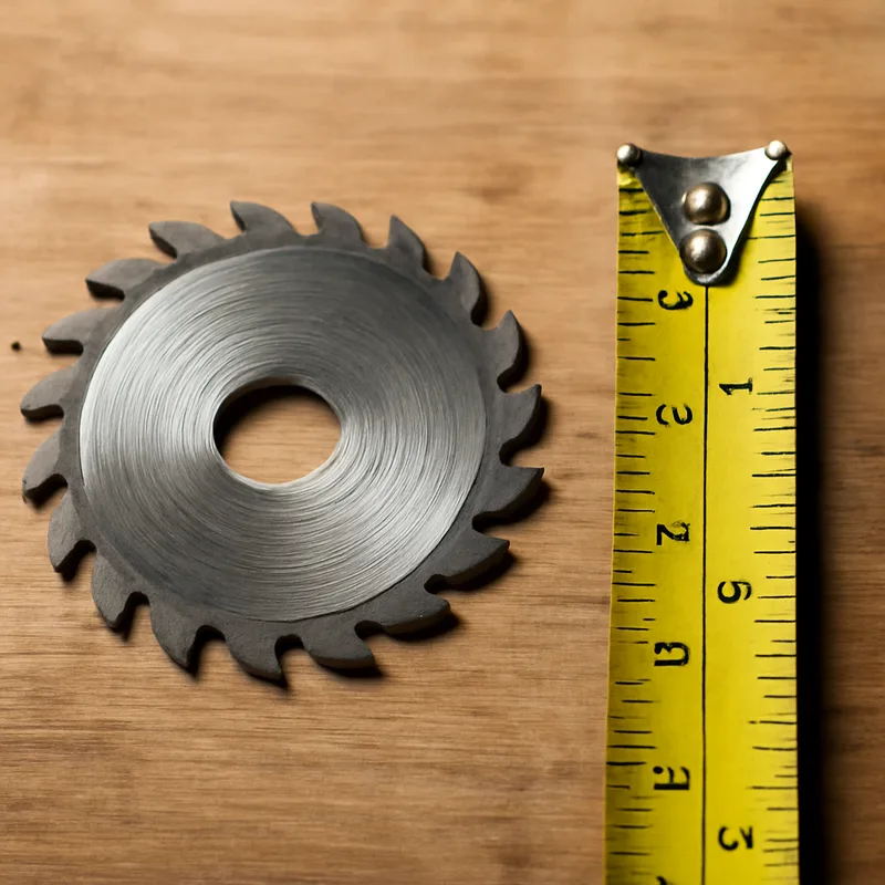 Small circular saw blade next to a tape measure showing blade diameter