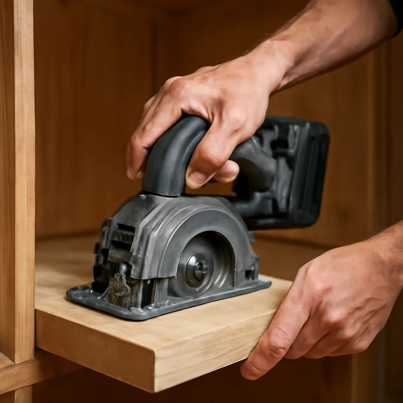 Carpenter making a one-handed cut with a small cordless circular saw inside a cabinet