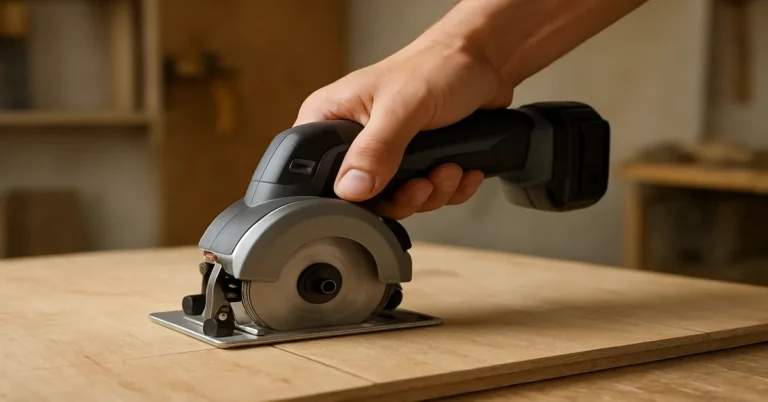 Hand guiding a small cordless circular saw through plywood in a home workshop