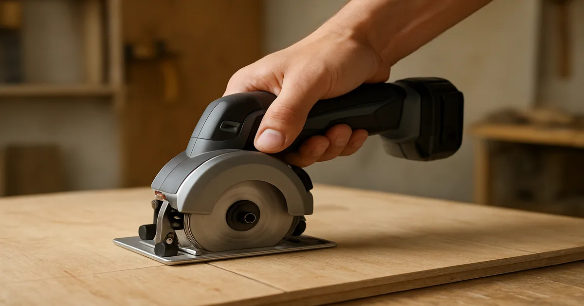 Hand guiding a small cordless circular saw through plywood in a home workshop