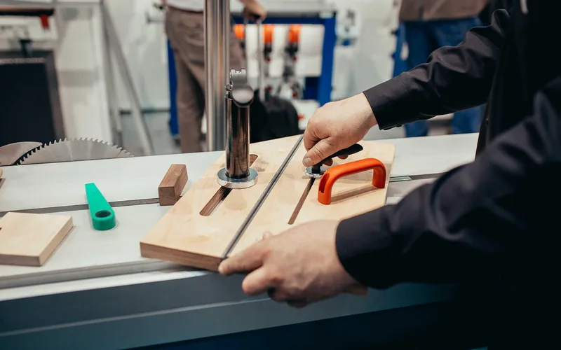 hands adjusting a jig on a sliding table saw table hands adjusting a jig on a sliding table saw table