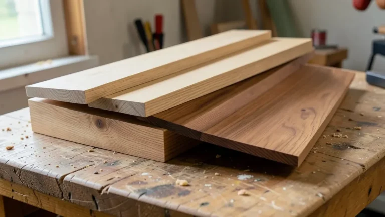 Stacked oak, maple, cherry, and walnut hardwood boards used for cabinet making, showing grain and color differences