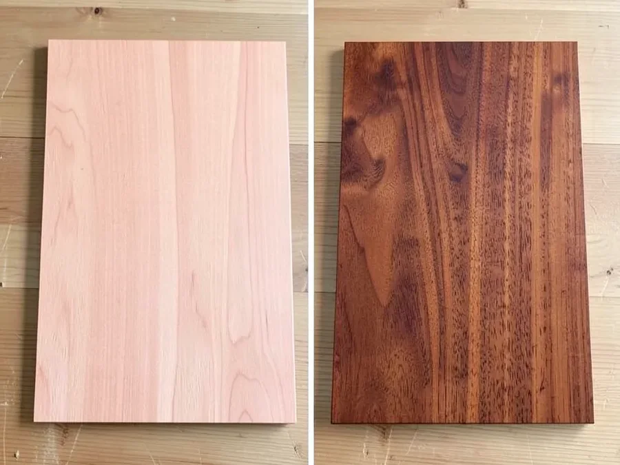 Side by side cherry wood samples showing how cherry wood darkens naturally with light exposure over time