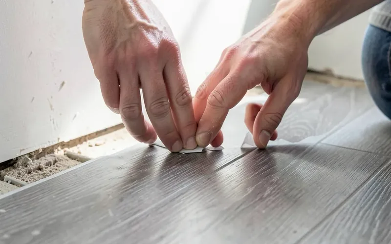 hands clicking gray wood-look vinyl plank flooring pieces together near a wall
