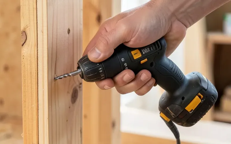 Cordless drill/driver driving a screw into a wood stud on a framing job