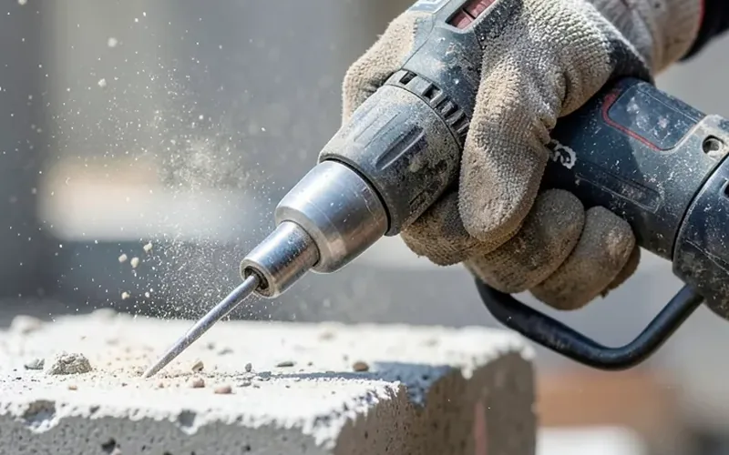 Cordless hammer drill drilling into a concrete block with dust visible