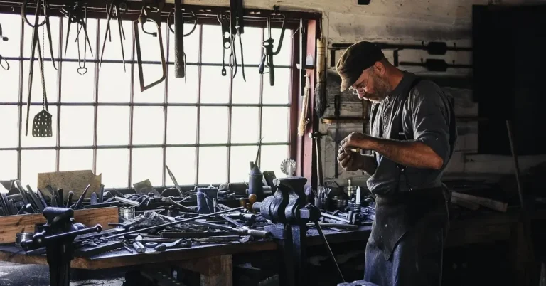 Craftsman repairing a tool at a cluttered workshop bench