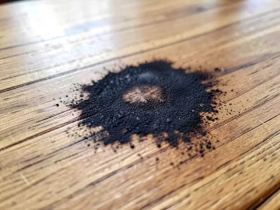 Dark black scorch heat stain on a wood table surface