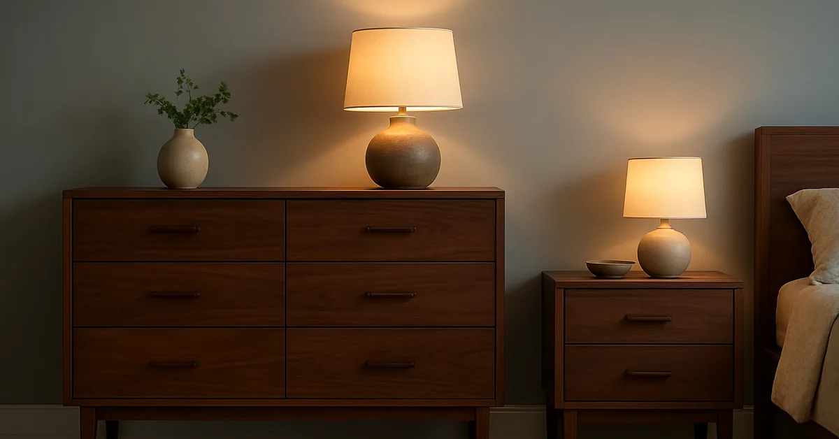Dark walnut wood dresser and nightstand paired with a cool gray-blue accent wall