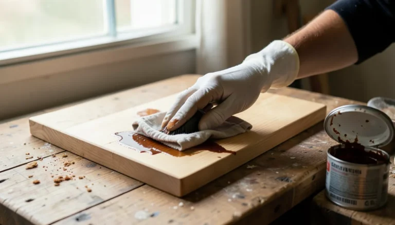 Gloved hands wiping wood stain onto a wooden board with a folded cloth rag