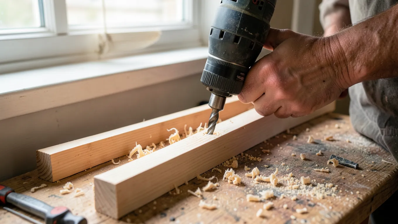 Drilling a pilot hole through a wood blind slat clamped to a workbench
