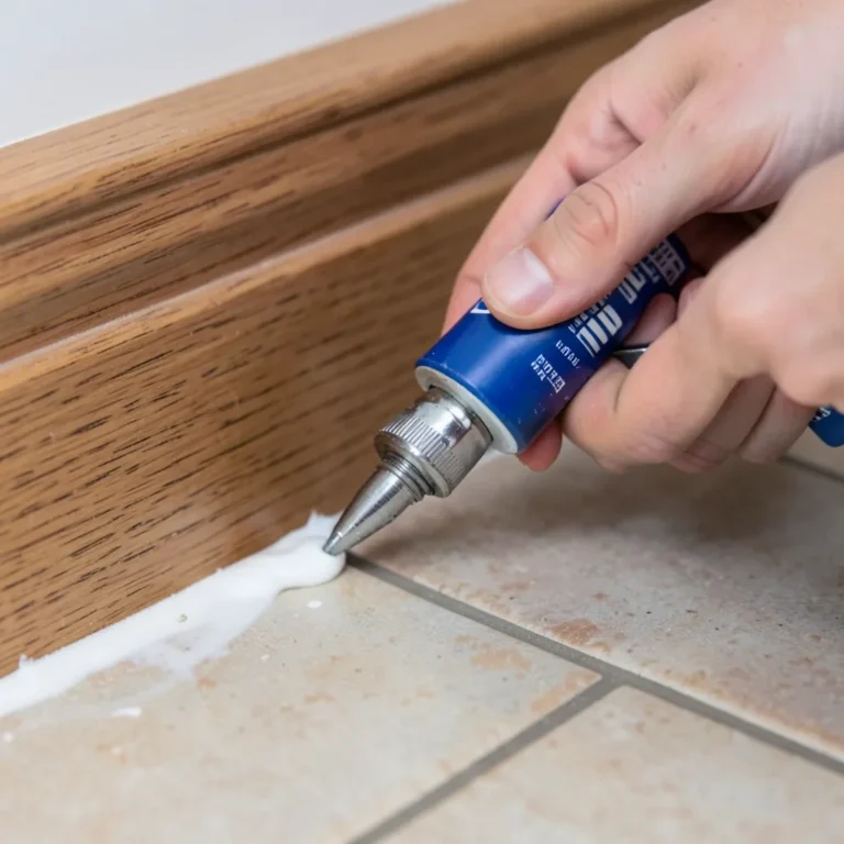 applying caulk along the bottom seam of a baseboard against a tile floor