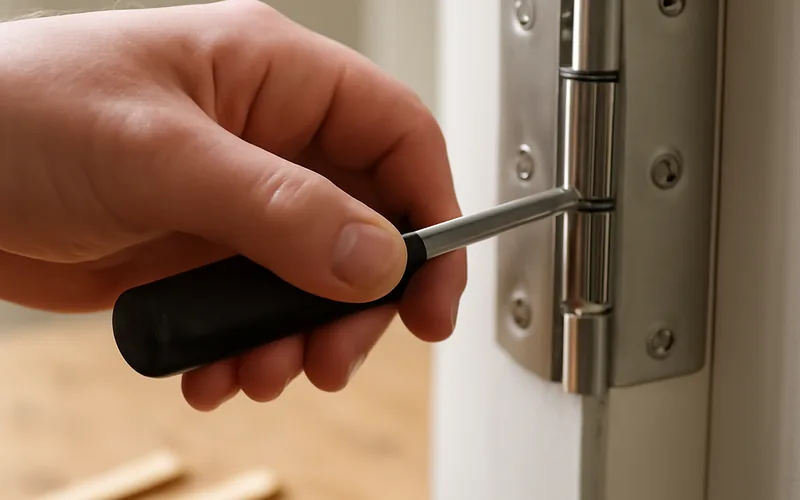 screwdriver tightening a door hinge screw with thin wood shims laid nearby screwdriver tightening a door hinge screw with thin wood shims laid nearby