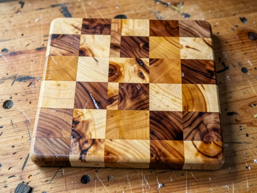 Close-up of a finished end-grain cutting board showing checkerboard end-grain wood block pattern
