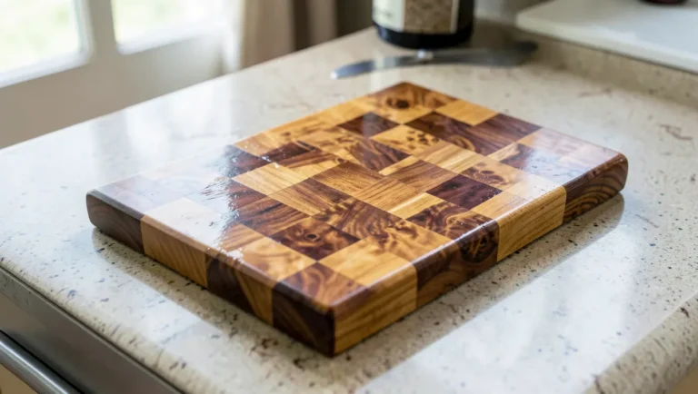 Finished end-grain wood cutting board with maple, walnut, and cherry checkerboard pattern on a kitchen counter