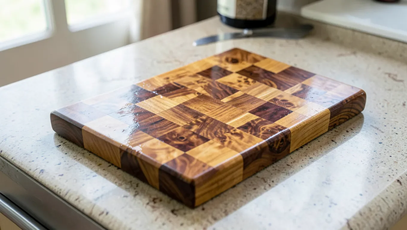 Finished end-grain wood cutting board with maple, walnut, and cherry checkerboard pattern on a kitchen counter