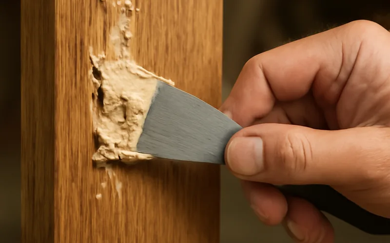 applying two-part epoxy wood filler with a putty knife to a damaged door jamb applying two-part epoxy wood filler with a putty knife to a damaged door jamb
