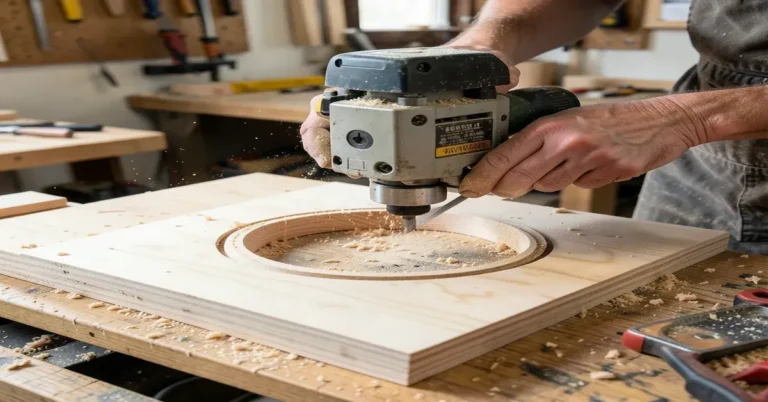 Router cutting a circle in plywood with a jig