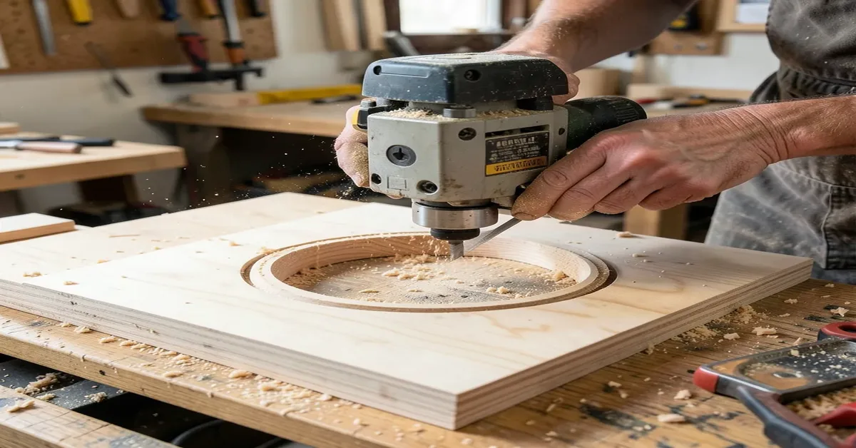 Router cutting a circle in plywood with a jig