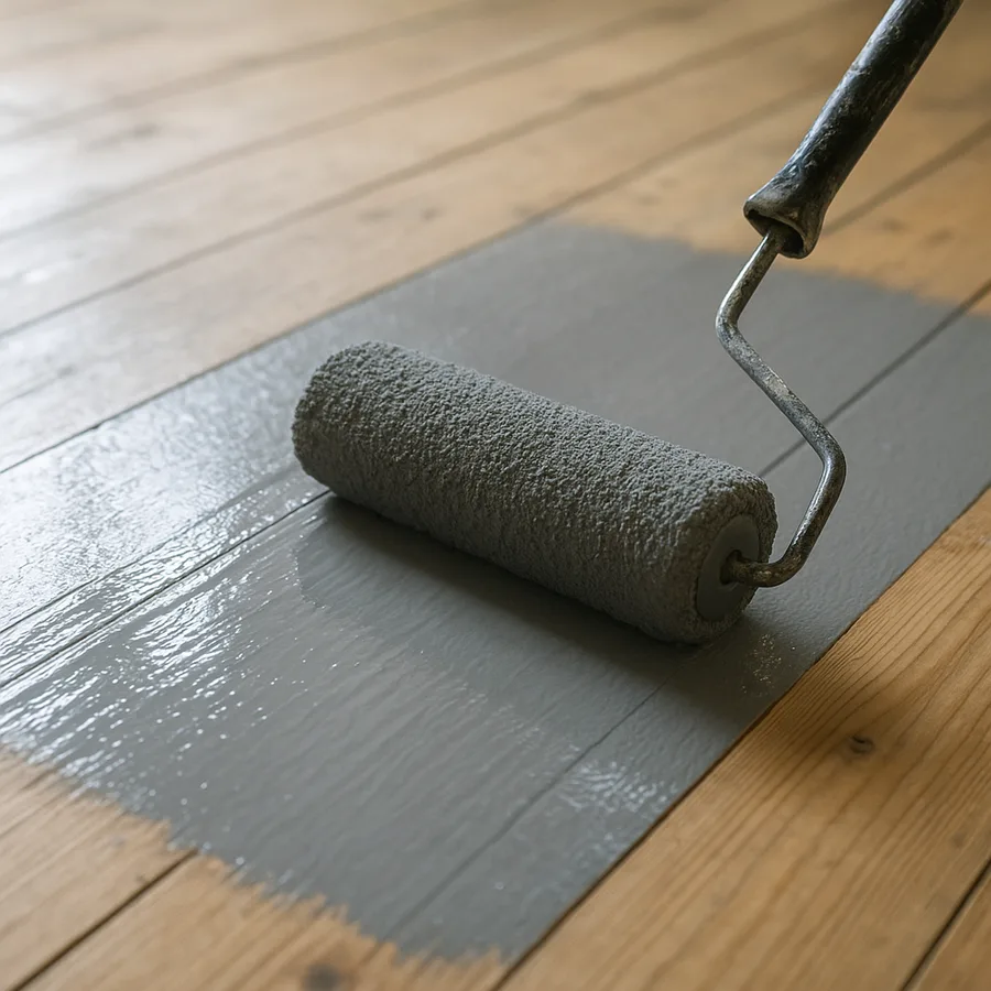 Paint roller applying gray floor enamel paint to bare wood floorboards Paint roller applying gray floor enamel paint to bare wood floorboards