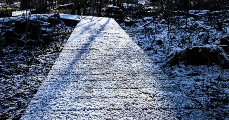 Frost and light snow covering wooden boardwalk planks in winter