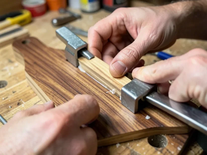 Woodworker clamping maple and walnut strips together with food-safe glue during cutting board glue-up