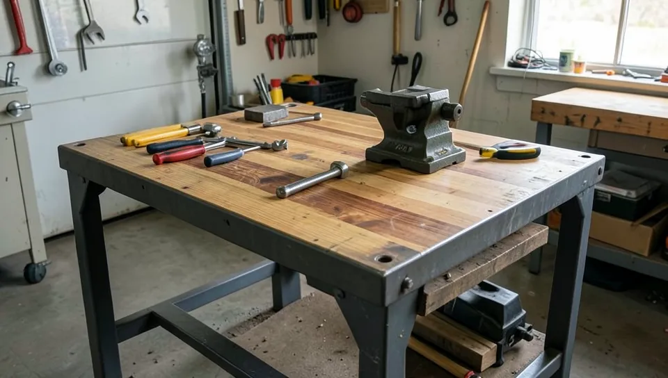A heavy duty steel-frame work table set up in a home garage workshop