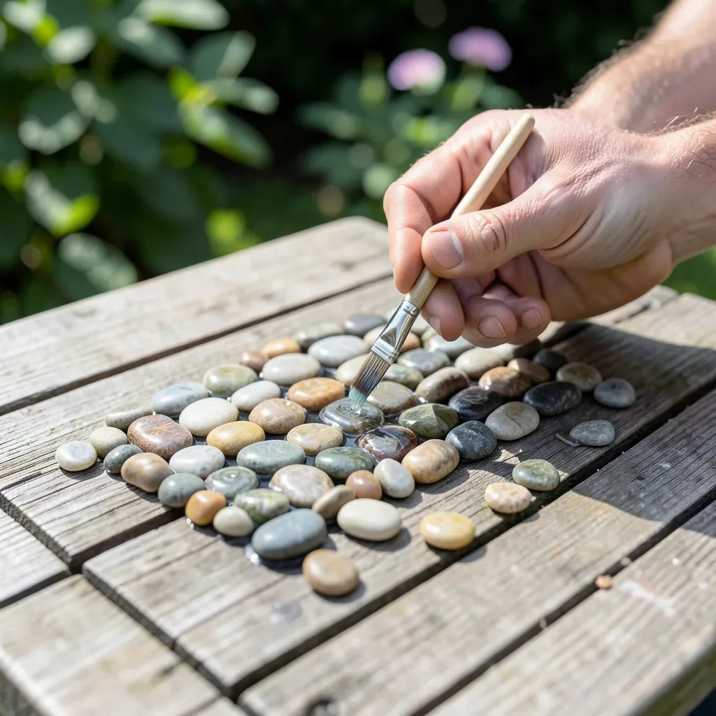 small river pebbles being glued together into a mosaic pattern