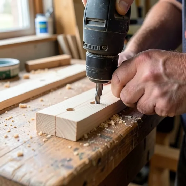 Drilling a pilot hole through a wood blind slat clamped to a workbench