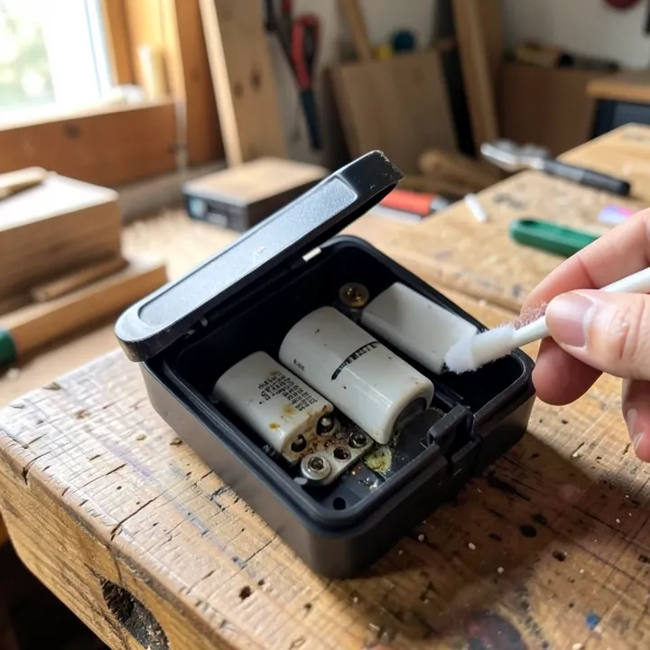 Open remote battery compartment showing white alkaline battery corrosion on contacts, with cotton swab for cleaning