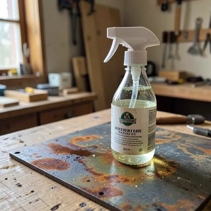 spray bottle with vinegar and salt solution applied to steel surface to create rust patina