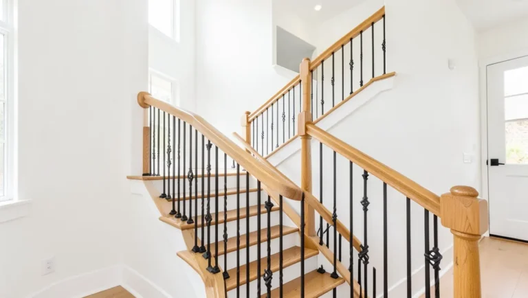 Modern interior staircase with a light oak wood handrail and black wrought iron balusters