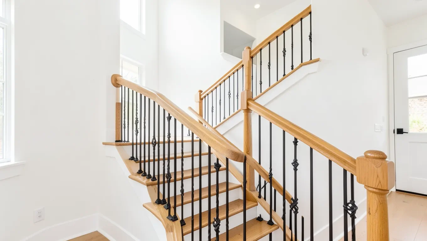 Modern interior staircase with a light oak wood handrail and black wrought iron balusters